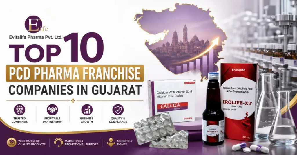 Top 10 PCD Pharma Franchise Companies in Gujarat featuring Evitalife Pharma, quality pharmaceutical products, business growth, monopoly rights, and franchise support.